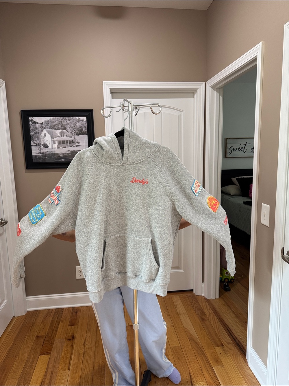Grey 'Dandy's' Hooded Crewneck Sweater with Patch Sleeves never worn